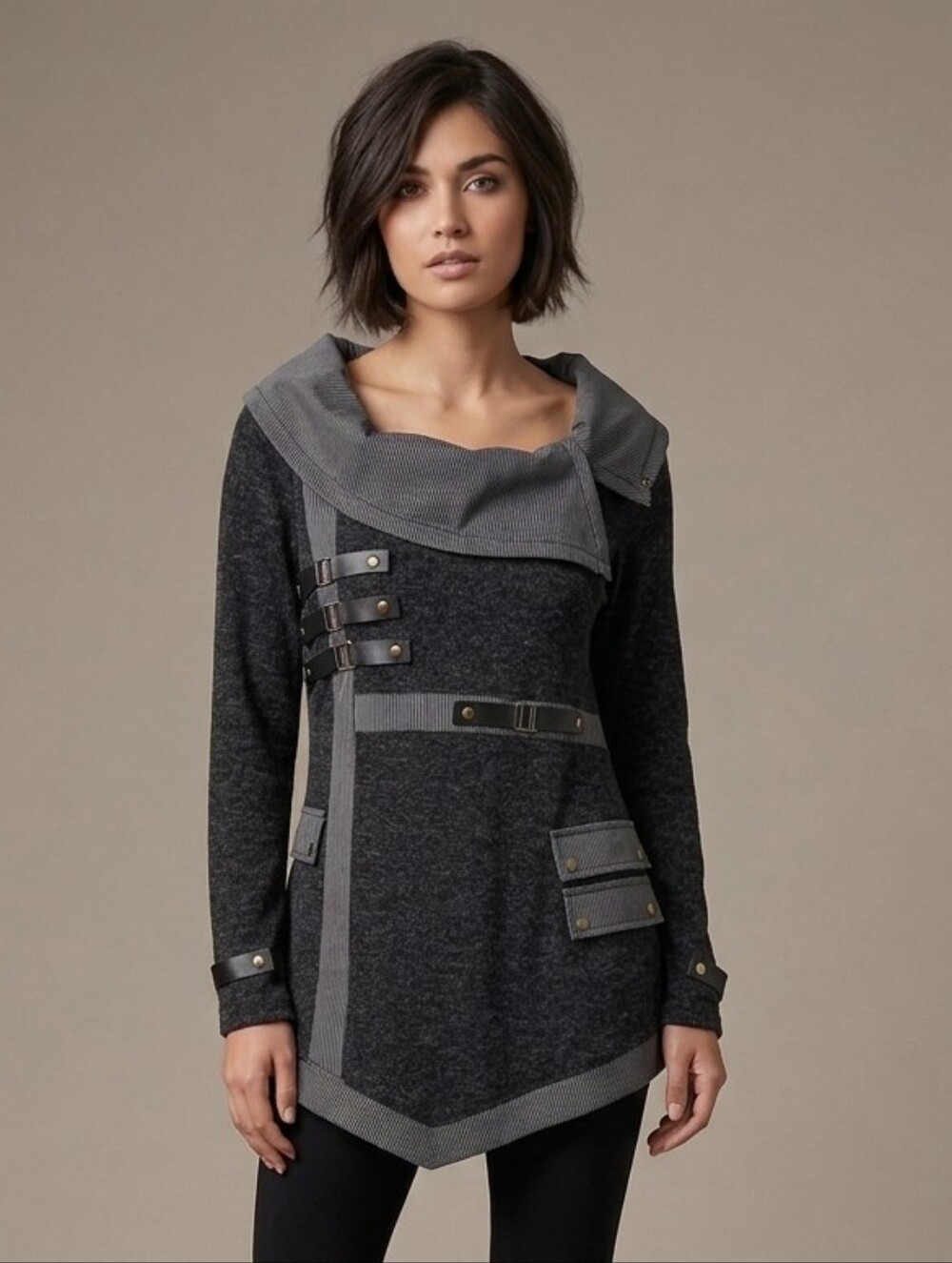 Le Grenier Mixed Media Black & Grey Asymmetrical Tunic Top, Size Medium